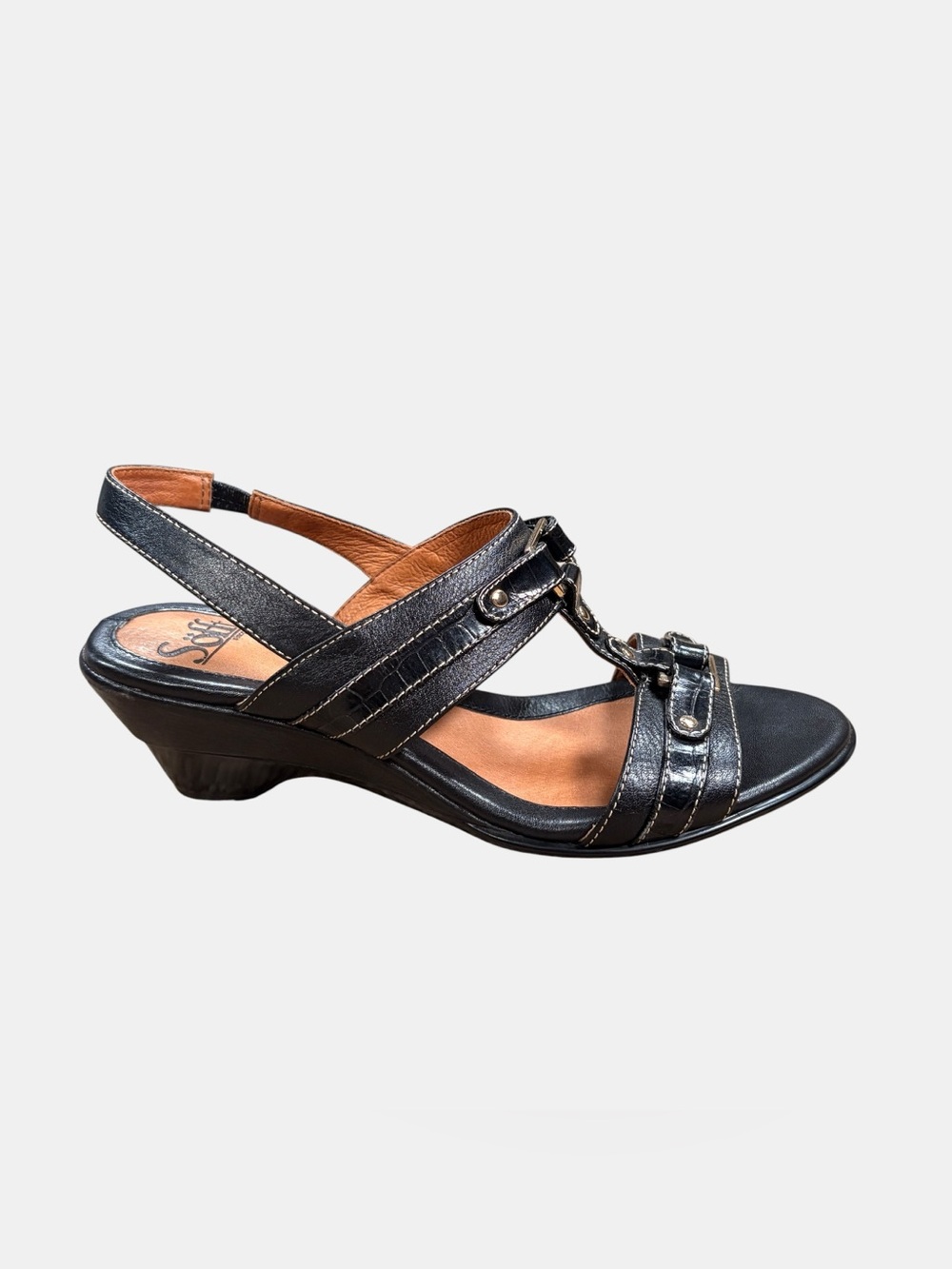 Söfft Black Leather Slingback Sandals Croc Embossed Comfort Heels 7.5M